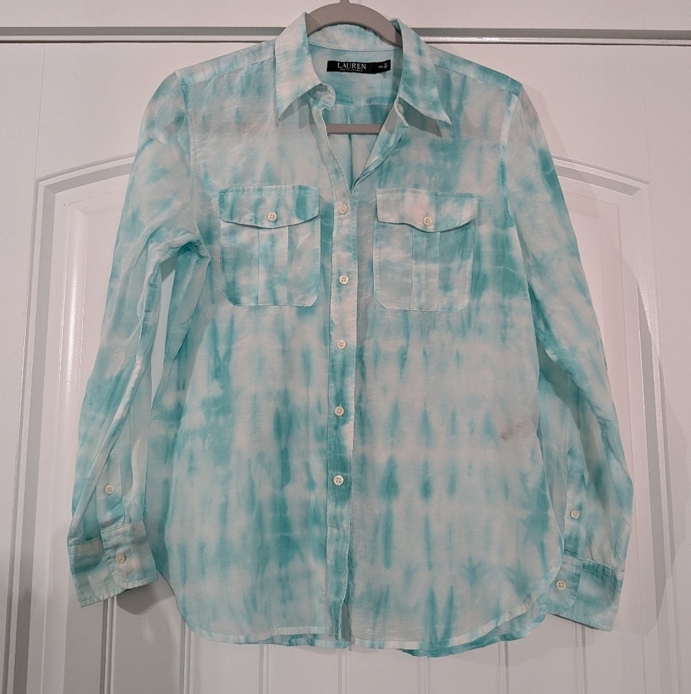 Lauren Ralph Lauren Silk Cotton Button Down Tie Dye Long Sleeve Shirt